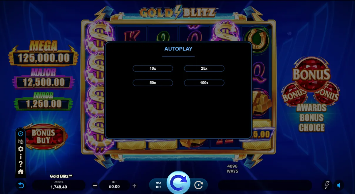Controlos da Gold Blitz slot