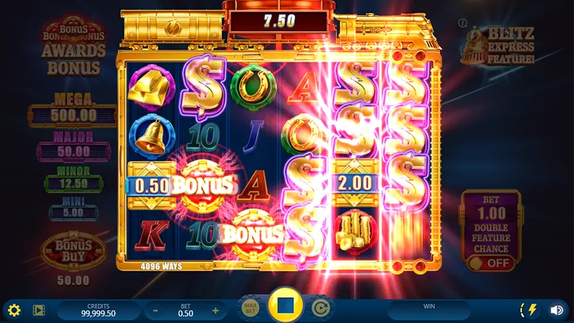 Painel de estatísticas do Gold Blitz slot mostrando RTP, volatilidade alta e limites de aposta