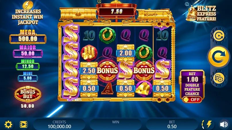 Interface do Gold Blitz slot mostrando controles de aposta e início da partida