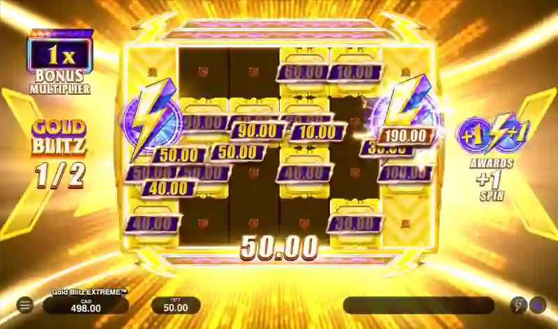 Detalhe visual dos multiplicadores em Gold Blitz com energia azul e ouro brilhante