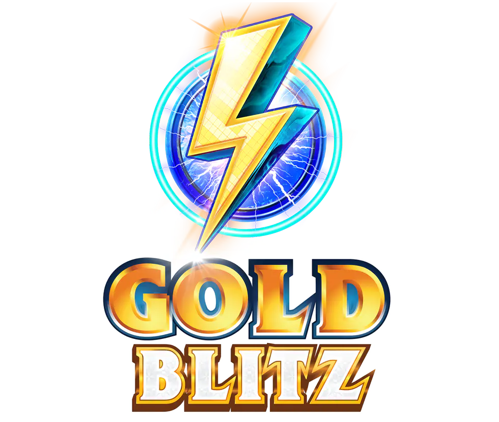 Visual temático do Gold Blitz slot com corrida do ouro futurista, raios azuis e tesouros dourados